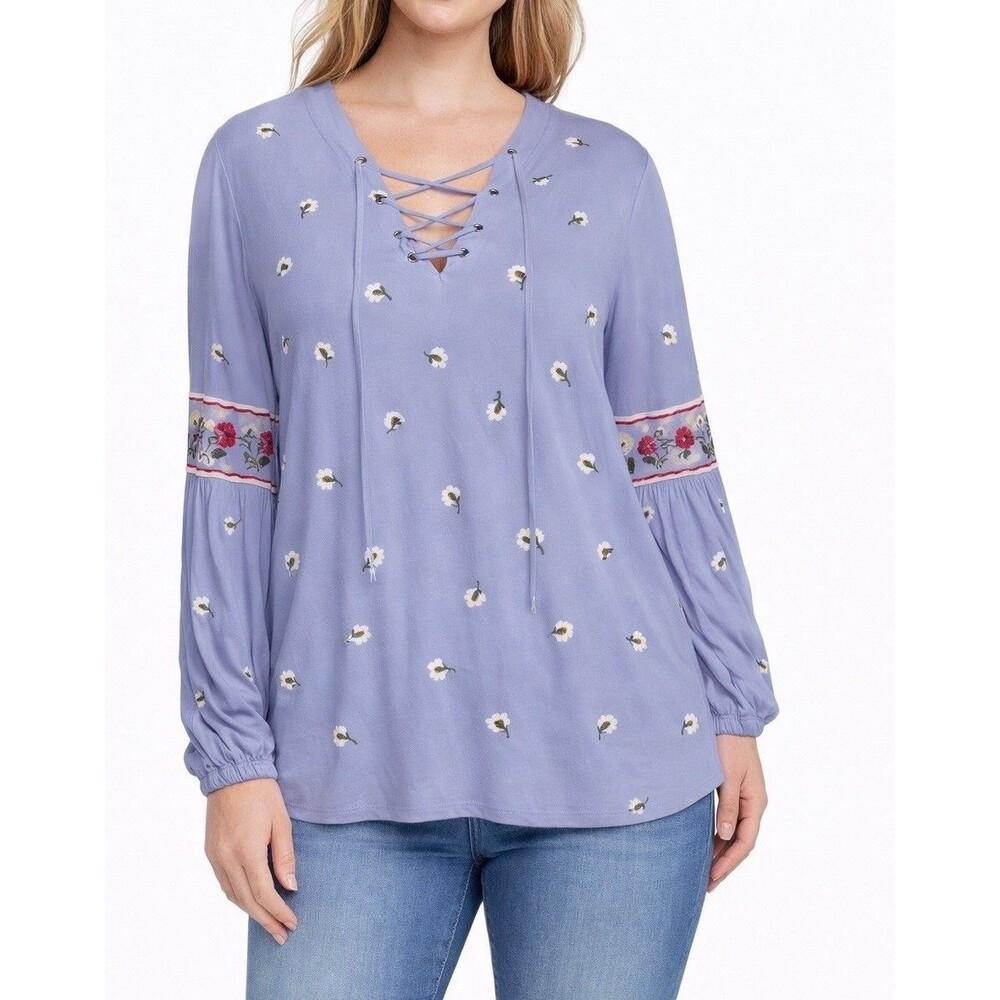 Womens Large Boho Peasant Blouse Blue Floral Embroidered Lace Up Long Sleeve